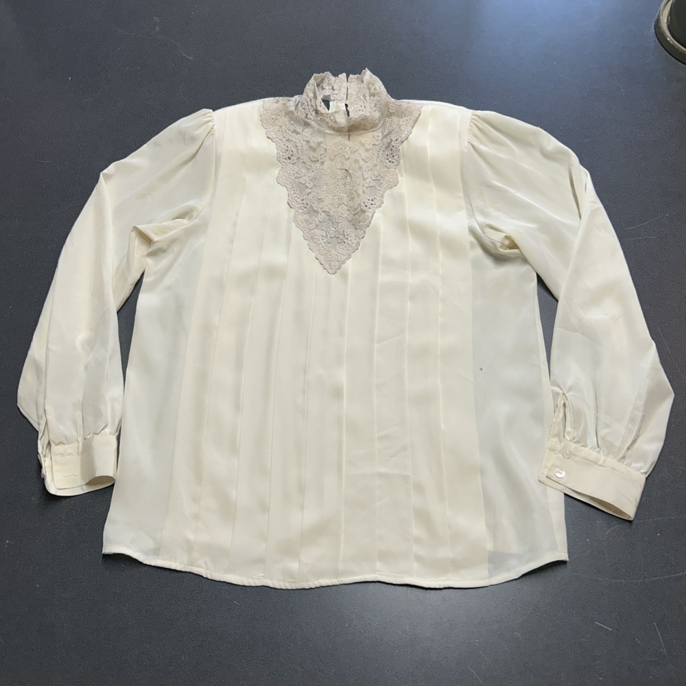 Vintage Lace Bib Blouse Womens 8 Pleated High Neck 80s Coquette Romantic